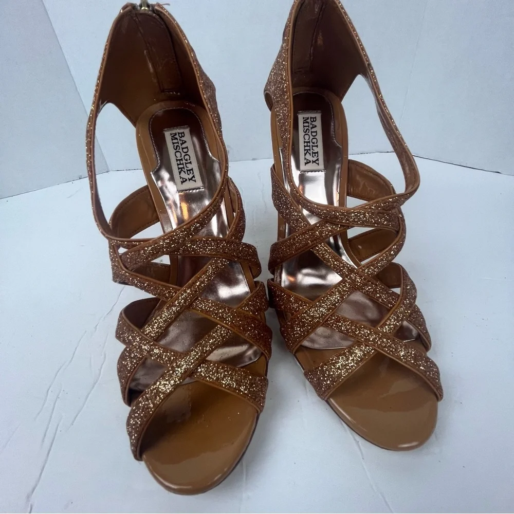 Badgley Mischka Junebug rose gold glitter sandal strappy heel Women’s 9 - Picture 8 of 13